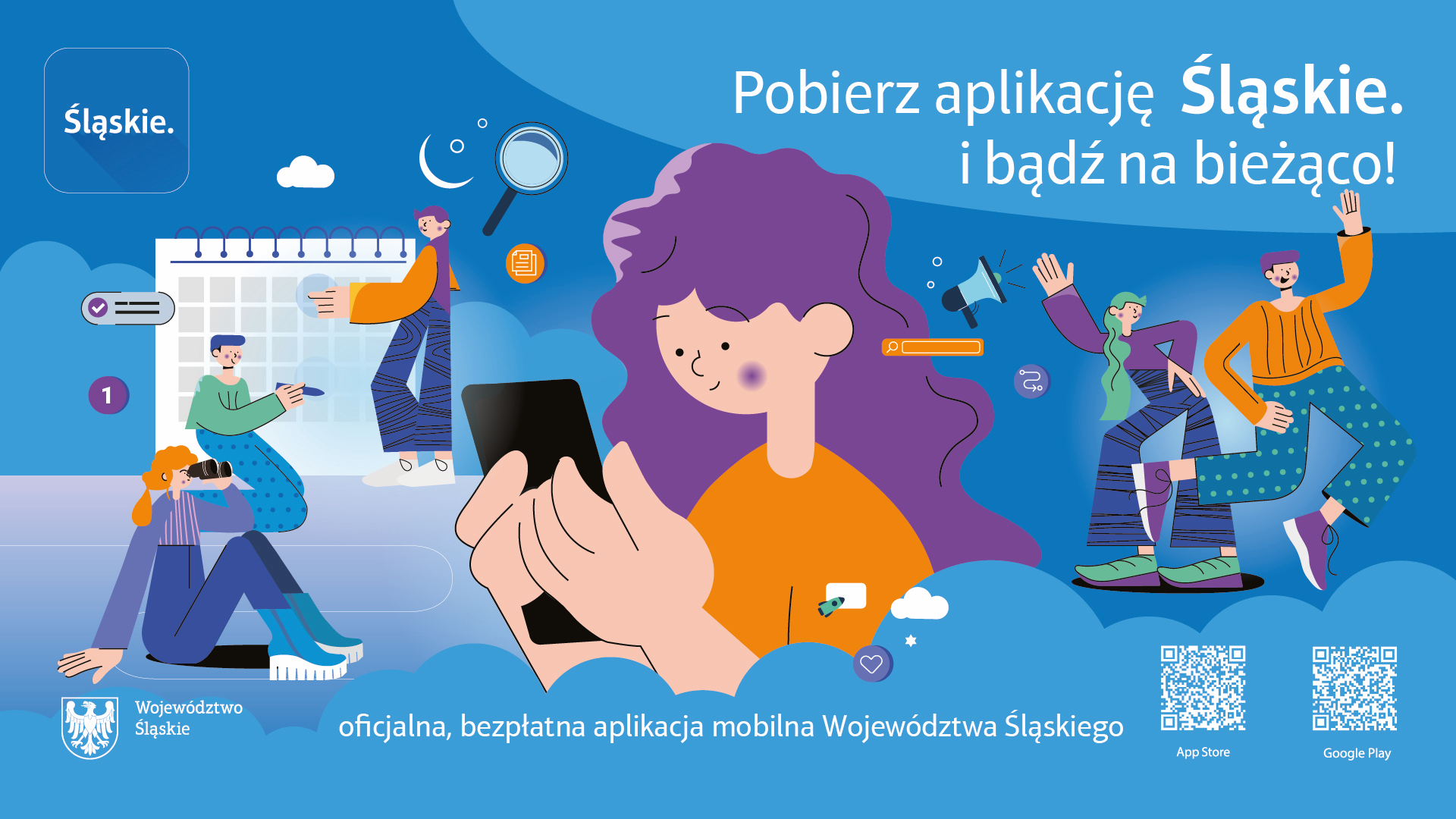 Promocja aplikacji mobilnej Województwa Śląskiego, z ilustracją ludzi korzystających z telefonów i mediów społecznoś