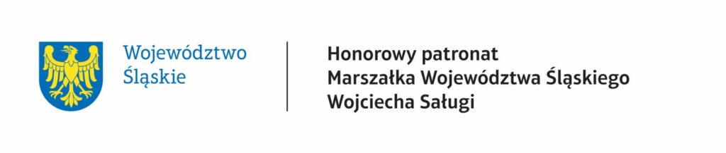 Logo województwa śląskiego, tekst: Województwo Śląskie oraz informacja o patronacie marszałka Wojciecha Saługi.